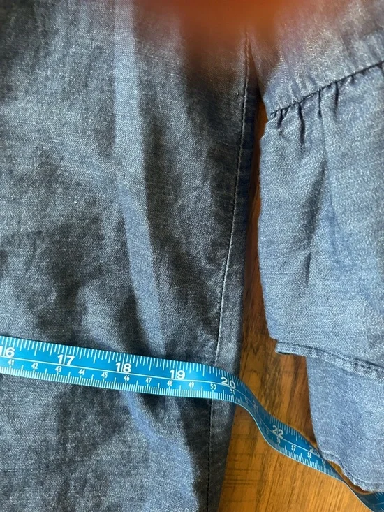 Denim Inspired Chambray Shift Dress White Floral Embroidered Tiered Bell Sleeves - Picture 8 of 8